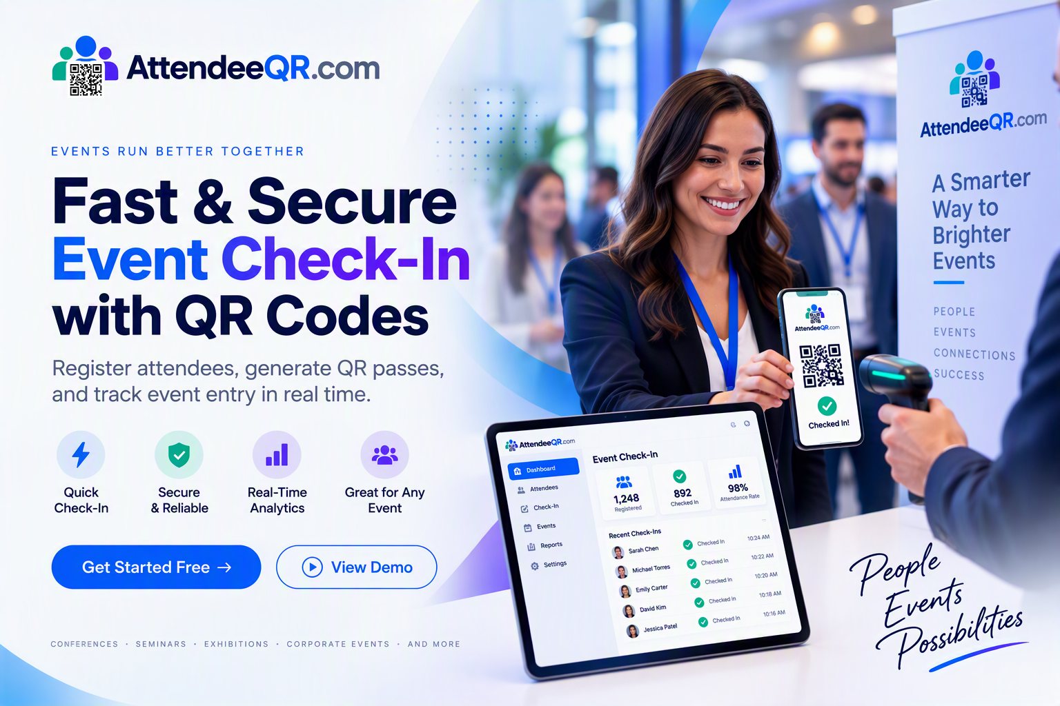 Event staff member checking in a smiling attendee by scanning the QR pass on her phone, with the AttendeeQR dashboard on a tablet